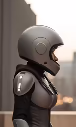 the robot is dressed in grey and has a helmet