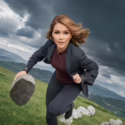 a business woman running with a rock in her hand