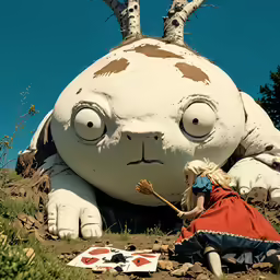 a girl is sitting next to a giant stuffed animal