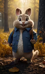the rabbit is wearing a jacket and is holding a backpack