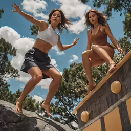 two women are standing on the rock with their legs spread