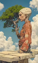 there is a painting of a boy and tree on the street