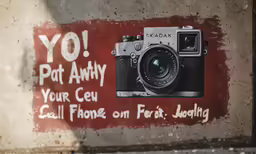 a camera on a wall has graffiti written on it