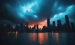 a city skyline and dark clouds are reflected in the water