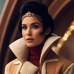 a woman in a headdress and fur coat