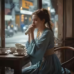 a woman sits at a table drinking a cup