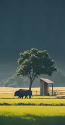a horse and cow grazing in the grass by a tree