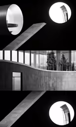 some windows and a clock at night