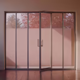 a room with a window and sliding glass door