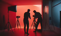 two people are using their camera to film on a red and blue background