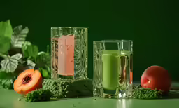 a table with various vegetables on it, and a green drink in a clear glass