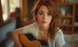 a woman sitting on top of a bed holding a guitar