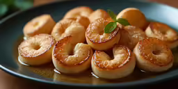 fried donuts arranged on a plate with syrup