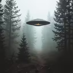 a black and white image of a spaceship in a dark forest