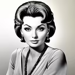 black and white drawing of a woman in a beaded necklace