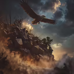 a large bird flying above a rocky hillside