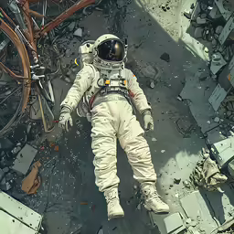 an astronaut laying on the ground in the debris