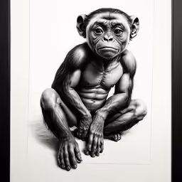 a black and white drawing of a chimpan