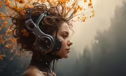 a girl with headphones on her ear, and yellow leaves on her hair