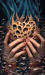 two hands are touching each other near a sphere of fire
