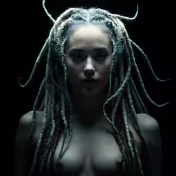 a woman with dreads and blue eyes