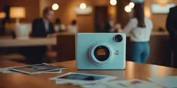 a square white camera sitting on a desk in a lobby