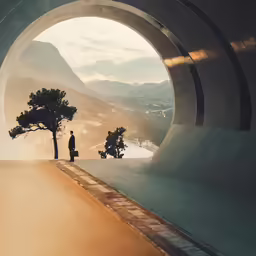 a person standing on the edge of a long walkway near trees