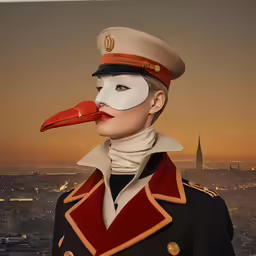 a woman with painted white face in front of the city skyline
