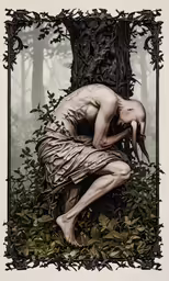a man holding the body of a woman in a forest