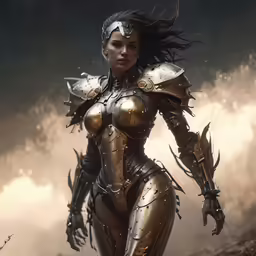a woman wearing a futuristic armor walking across a field