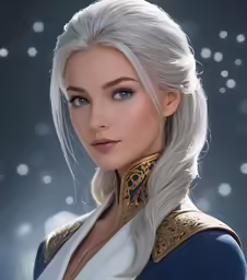 the beautiful white haired woman in the frozen blue outfit