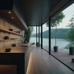 a large kitchen with glass walls, and wooden floors