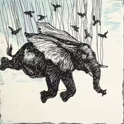 an elephant is falling apart in the rain,an elephant with its trunk in the air is surrounded by birds
