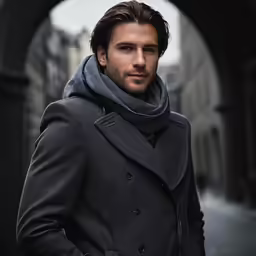 a man in a gray peacoat is standing by an archway