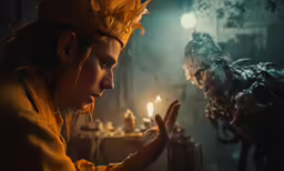 the evil queen looking at her watch in the dark