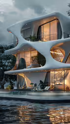 a white building that has many windows in it,an unusual house that is near the water