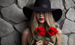 a woman with blond hair, wearing black hat and red lipstick holds two roses