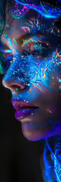 an abstract glowing photo with stars and neon lights,a woman is wearing glowing skin and her hair is in the shape of a head with flowers