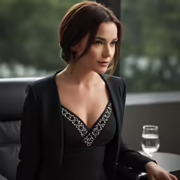 a woman in a long black dress sitting at a table