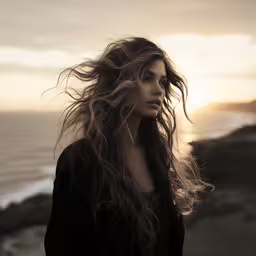 a girl standing on top of a beach with long hair,a woman standing on the ocean shore with her long hair in wind