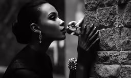 a black and white photograph of a woman biting into a wall