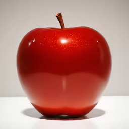 an apple is shiny and red against a gray background