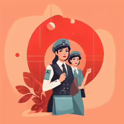 a man and woman in a blue uniform are standing near each other