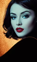 a woman in red lipstick and a black dress with a black jacket
