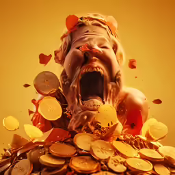 a close up of a child with lots of coins and money