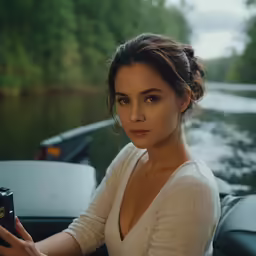 a woman is looking to the side while holding a camera