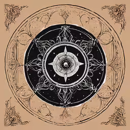 a circle with a decorative design in the center,an artistic drawing with black ink of a flower and circle