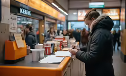 a person standing at a table writing on a piece of paper