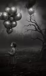 little girl holding a bunch of balloons above her head in a dark sky