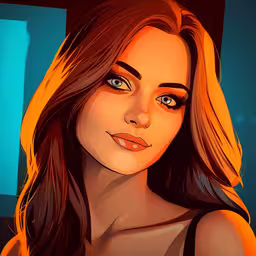 digital painting art - beautiful redhead girl in orange and blue,a cartoon picture of a young woman